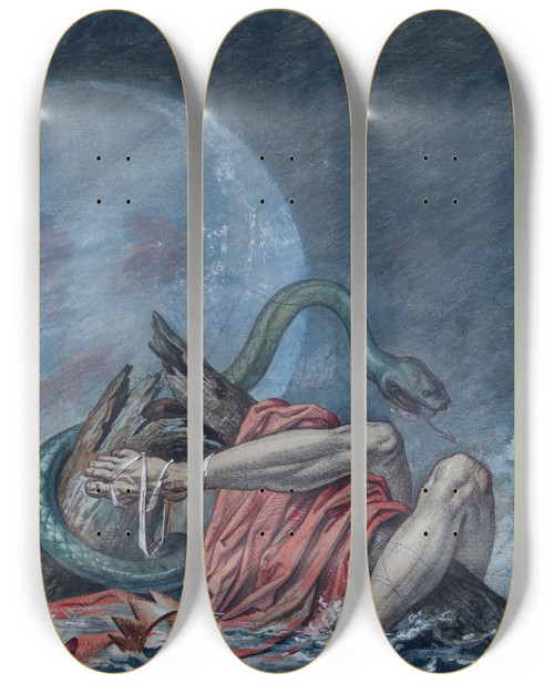 Triptych art skateboard deck of David Humbert De Superville The Flood The Last Of The Giants Destroyed by David Humbert De Superville (1770-1849)