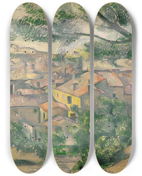 Triptych art skateboard deck of Paul Czanne Morning View Of Lestaque Against The Sunlight by Paul Cezanne (1839-1906)