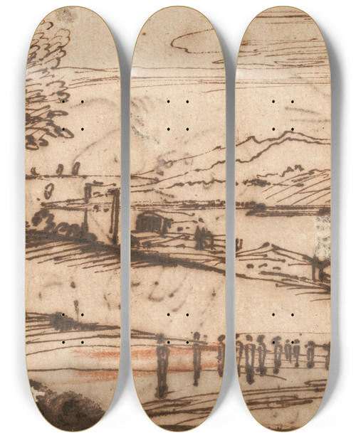 Triptych art skateboard deck of Annibale Carracci An Extensive Coastal Landscape With A Procession Of Figures In The Foreground And Buildings On The Water by Annibale Carracci (1560-1609)