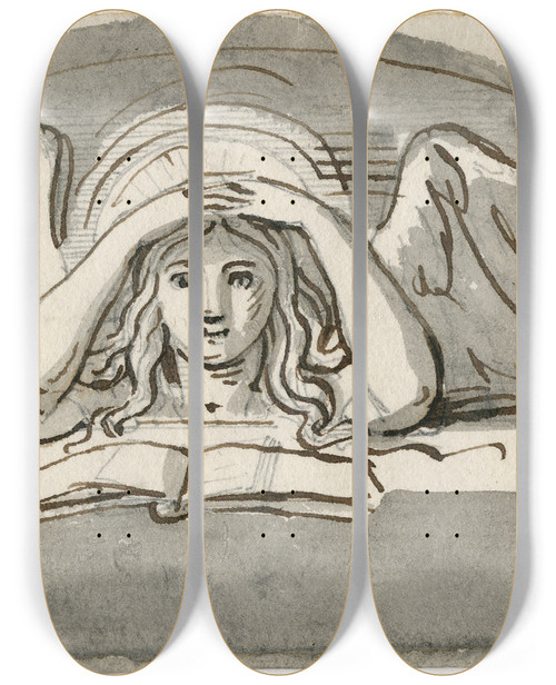 Triptych art skateboard deck of David Humbert De Superville Buste Ve Engel Met Nimbus Achter Een Lezenaar En Face by David Humbert De Superville (1770-1849)