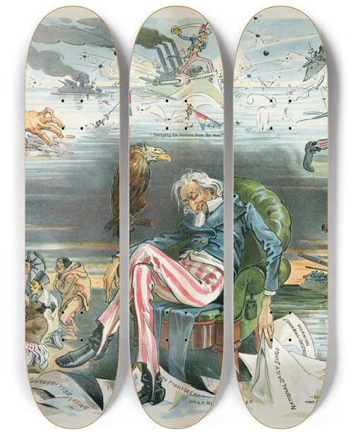 Triptych art skateboard deck of Udo Keppler Uncle Sams Dream Of Conquest And Carnage Caused By Reading The Jingo Newspapers by Udo Keppler (1872-1956)