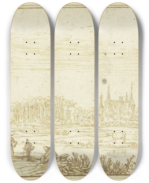 Triptych art skateboard deck of Jan Van Goyen Ein Haus Am Linken Flussufer Davor Auf Dem Weg Links Vier Figuren Am Jenseitigen Ufer Ein Boot Weiter Zurck Ein Von Bumen Umgebenes Schloss by Jan Van Goyen (1596-1656)