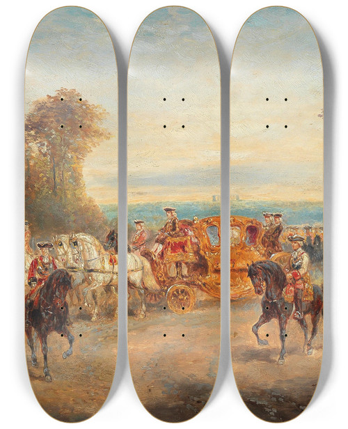 Triptych art skateboard deck of Alexander Von Bensa Spazierfahrt Zur Zeit Maria Theresias by Alexander Von Bensa (1820-1902)