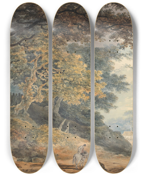 Triptych art skateboard deck of Dominic M Serres A View In A Lane Near Hampstead by Dominic Serres