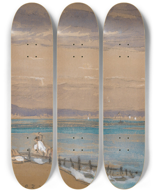 Triptych art skateboard deck of James Holland Beach Scene With Figures By A Breakwater by James Holland (1800-1870)