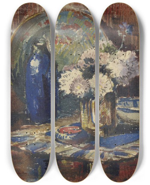 Triptych art skateboard deck of Willem Roelofs Ii Stilleven Met Blauwe Fles En Vaas Met Bloemen by Willem Roelofs Ii (19-)
