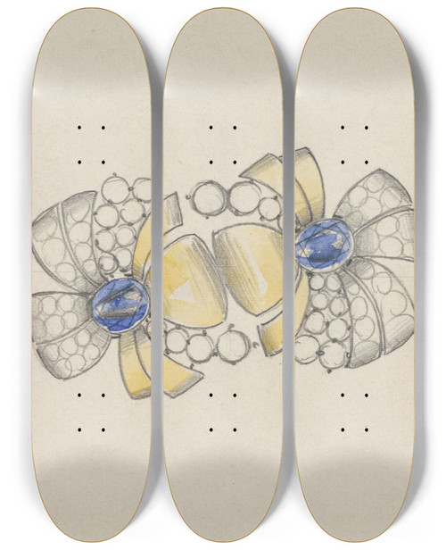 Triptych art skateboard deck of Jules Chadel Ontwerp Voor Juweel In De Vorm Van Twee Gestileerde Bloemen Met Goud En Saffieren by Jules Chadel (1870-1941)