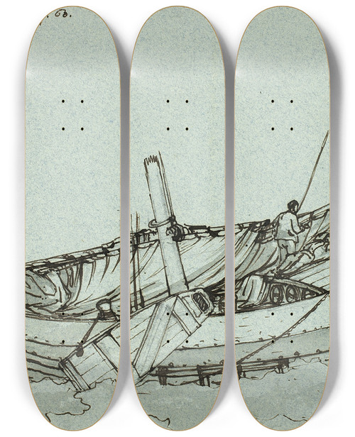 Triptych art skateboard deck of Clarkson Stanfield Ostende Fishing Boat by Clarkson Stanfield (1793-1867)