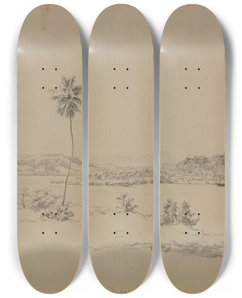 Triptych art skateboard deck of Adolf Hoeffler Baracoa Mit Punta Del Fraile by Adolf Hoeffler (1825-1898)