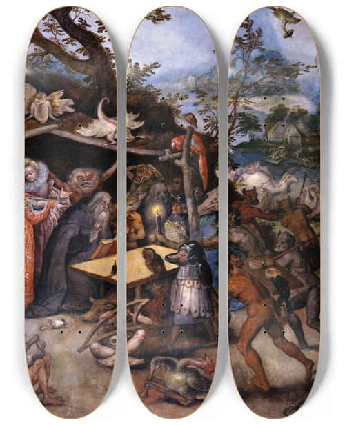 Triptych art skateboard deck of Jan Brueghel The Elder The Temptation Of Saint Anthony by Jan Brueghel The Elder (1568-1625)