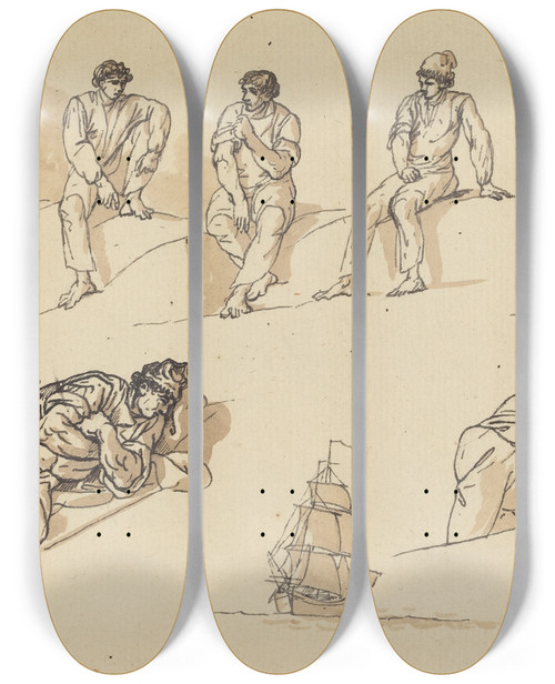 Triptych art skateboard deck of Claudejoseph Vernet Eight Studies Of Figures And A Ship At Sea by Claude Joseph Vernet (1714-1789)