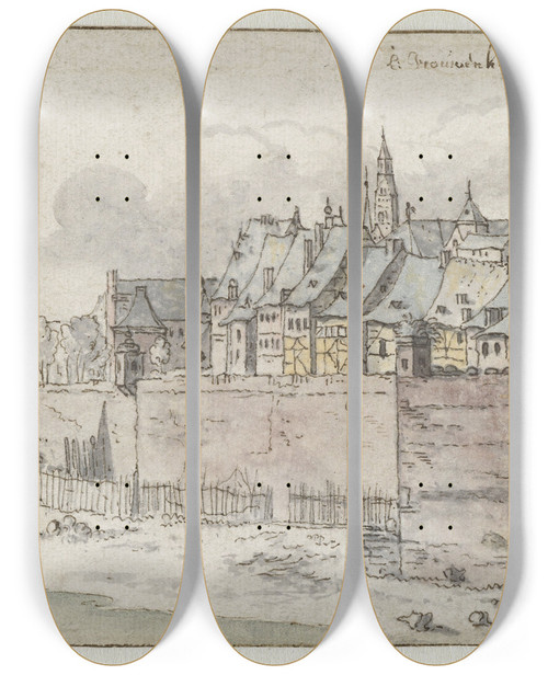 Triptych art skateboard deck of Josua De Grave View Of The Walls Of Maastricht With The Onzelievevrouwekerk In The Background by Josua de Grave (1643-1712)