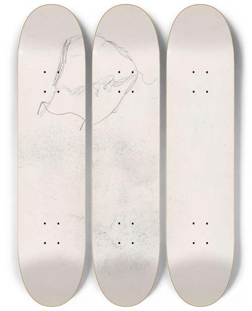 Triptych art skateboard deck of Signe Scheel To Riss Av Et Kvinnehode Bakfra by Signe Scheel (1860-1942)