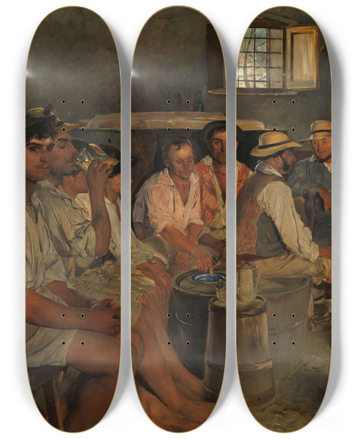Triptych art skateboard deck of Eilif Peterssen Siesta In An Osteria In Sora by Eilif Peterssen (1852-1928)