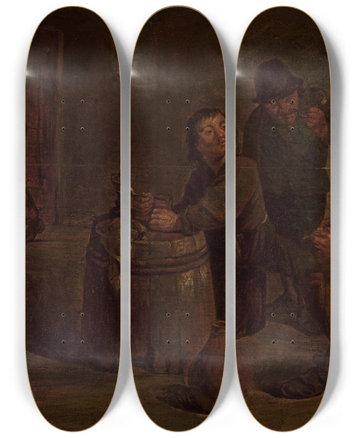 Triptych art skateboard deck of Mattheus Van Helmont Scene In A Tavern by Mattheus Van Helmont (1623-1679)