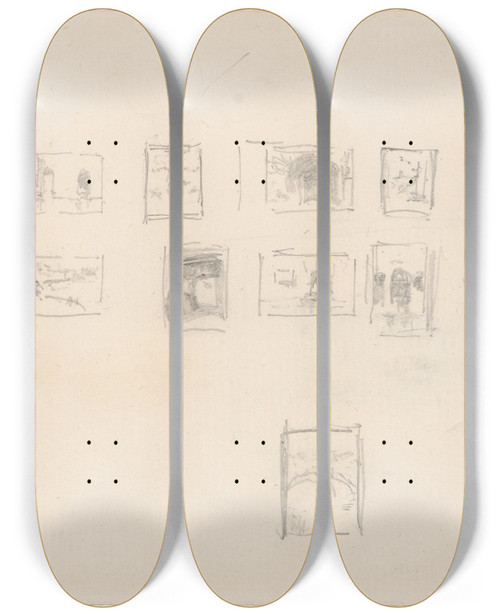 Triptych art skateboard deck of James Abbott Mcneill Whistler Sketch For The Selection And Arrangement Of Whistlers First Venice Set by James Abbott Mcneill Whistler (1834-1903)