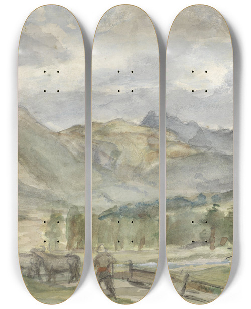 Triptych art skateboard deck of Jozef Israls Berglandschap Met Veehoeder En Twee Koeien by Jozef Israels (1824-1911)