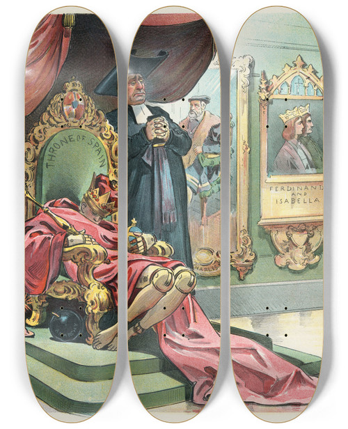 Triptych art skateboard deck of Udo Keppler This Will Be An Internal Explosion by Udo Keppler (1872-1956)