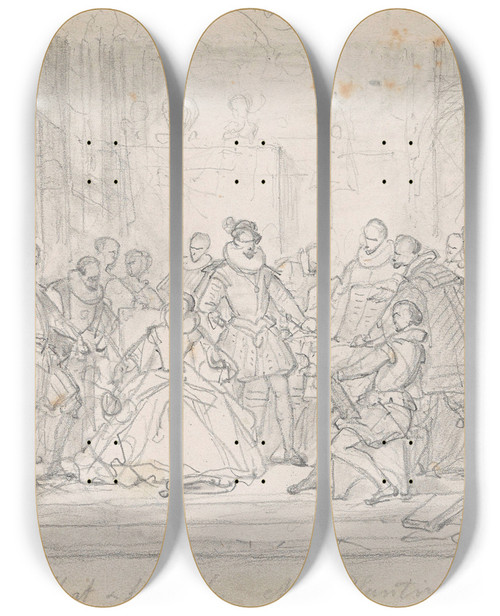 Triptych art skateboard deck of Nicaise De Keyser The Archdukes Albert And Isabella Visit The Printer Plantin_4 by Nicaise De Keyser (1813-1887)