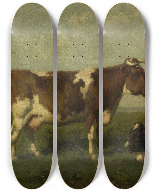 Triptych art skateboard deck of Jan Vrolijk A Cow With Her Calf In A Meadow by Jan Vrolijk (1846-1894)