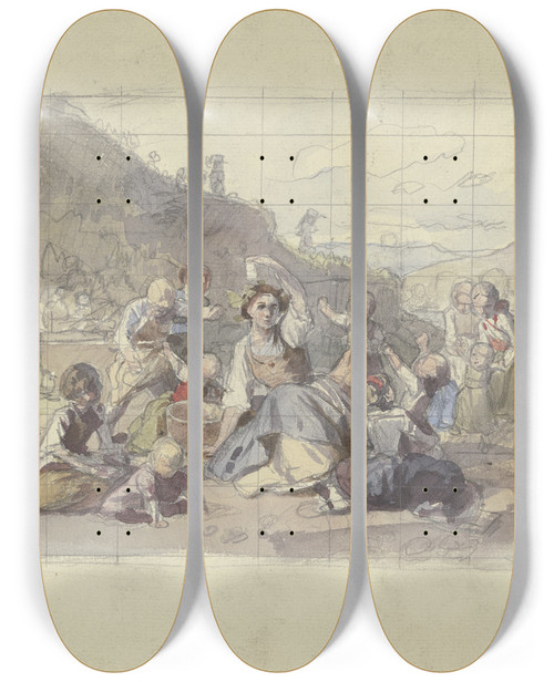 Triptych art skateboard deck of Jakob Becker Grape Harvest_4 by Jakob Becker (1810-1872)