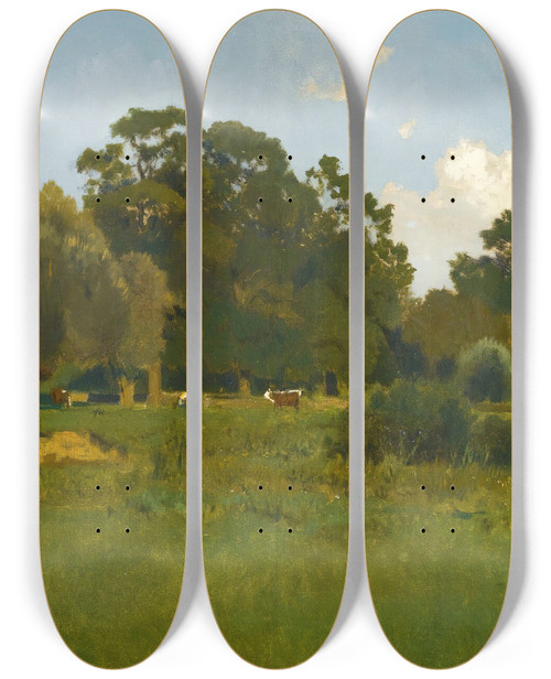 Triptych art skateboard deck of Eugen Jettel Meadow With Cows by Eugen Jettel (1845-1901)