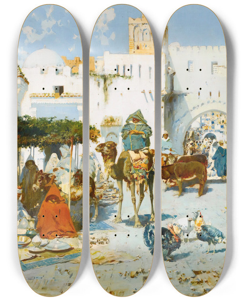 Triptych art skateboard deck of Jos Navarro Y Llorens The Souk by Jose Navarro Y Llorens (1867-1923)