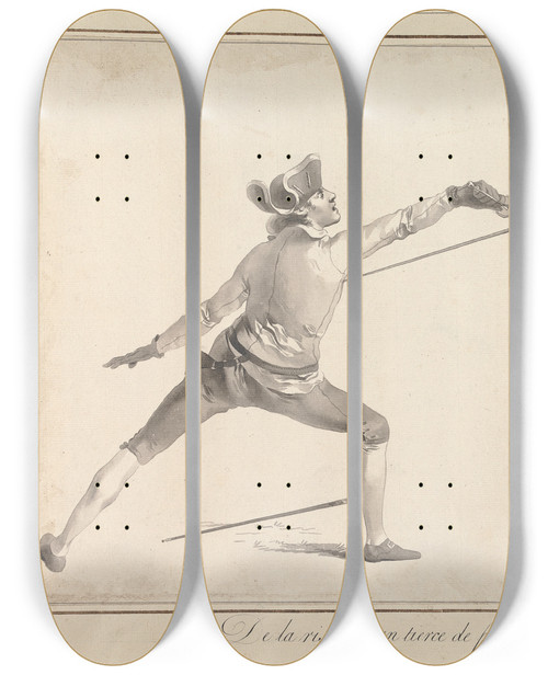 Triptych art skateboard deck of James Gwin De La Risposte En Tierce De Pied Ferme Sur Le Coup De Tierce by James Gwin (1720-1769)