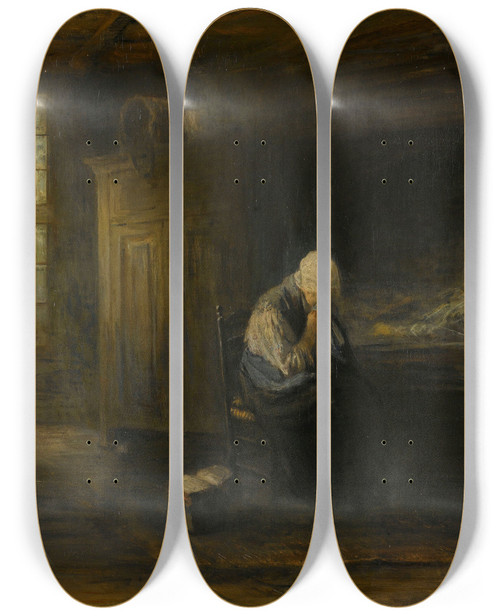 Triptych art skateboard deck of Jozef Israls Alone In The World by Jozef Israels (1824-1911)