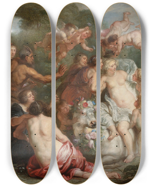 Triptych art skateboard deck of Follower Of Peter Paul Rubens Rape Of Europa by Follower Of Peter Paul Rubens (1577-1640)