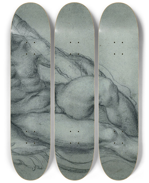 Triptych art skateboard deck of Annibale Carracci Study Of Hercules Resting With Separate Studies Of His Head And Foot by Annibale Carracci (1560-1609)
