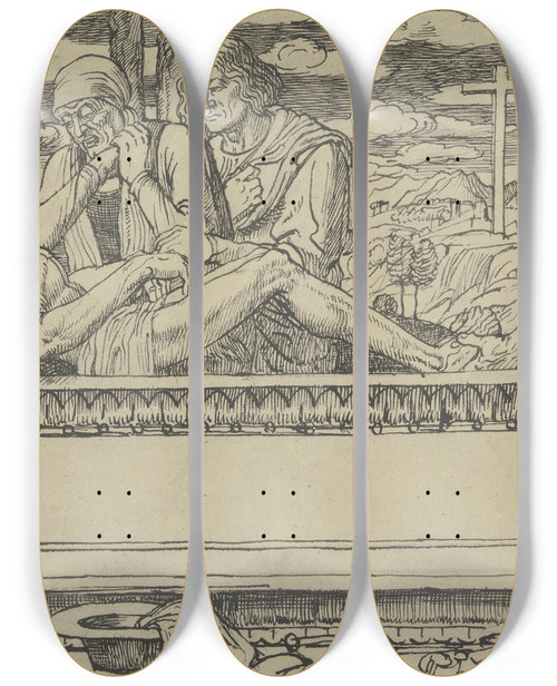 Triptych art skateboard deck of Fritz Boehle Entombment Of Christ by Fritz Boehle (1873-1916)