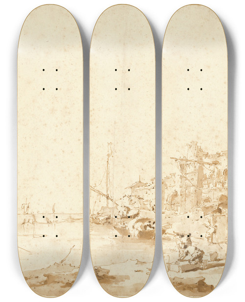 Triptych art skateboard deck of Francesco Guardi An Imaginary View Of A Venetian Lagoon With A Fortress By The Shore by Francesco Guardi (1712-1793)