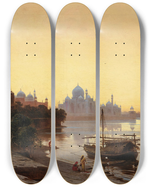 Triptych art skateboard deck of Ludwig Hans Fischer India Taj Mahal At Dusk by Ludwig Hans Fischer (1848-1915)