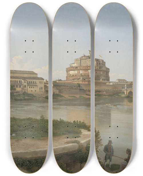 Triptych art skateboard deck of Christoffer Wilhelm Eckersberg A View Across The Tiber From Trastevere Towards Castel S Angelo by Christoffer Wilhelm Eckersberg (1783-1853)