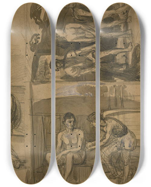 Triptych art skateboard deck of Hans Von Mares Netze Tragende Fischer Sowie Meist Sitzende In Einer Unterhaltung Begriffene Figuren by Hans Von Marees (1837-1887)