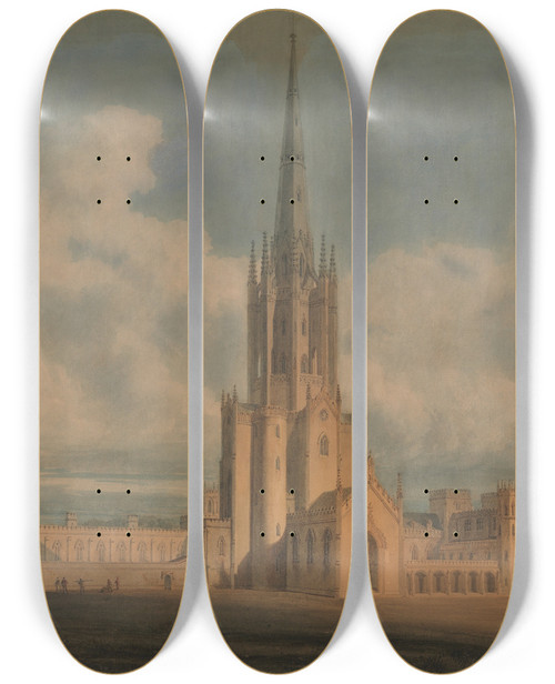 Triptych art skateboard deck of James Wyatt Projected Design For Fonthill Abbey Wiltshire by James Wyatt (1746-1813)