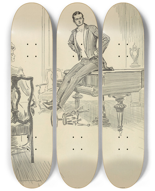 Triptych art skateboard deck of Charles Dana Gibson Desperate Course Of A Lover Whose Fiancee Is A Confirmed Lionhunter by Charles Dana Gibson (1867-1944)