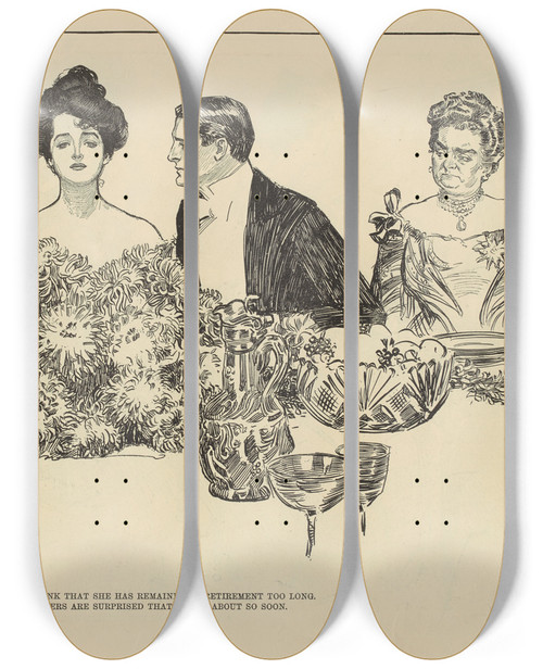 Triptych art skateboard deck of Charles Dana Gibson Some Think That She Has Remained In Retirement Too Long by Charles Dana Gibson (1867-1944)