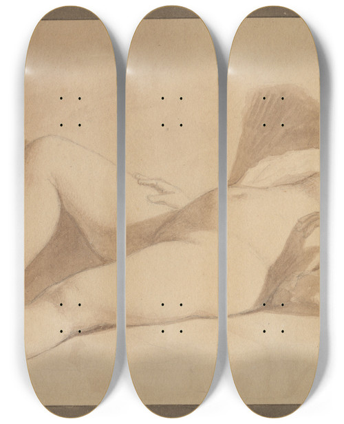 Triptych art skateboard deck of Christoffer Wilhelm Eckersberg Reclining Female Nude_2 by Christoffer Wilhelm Eckersberg (1783-1853)