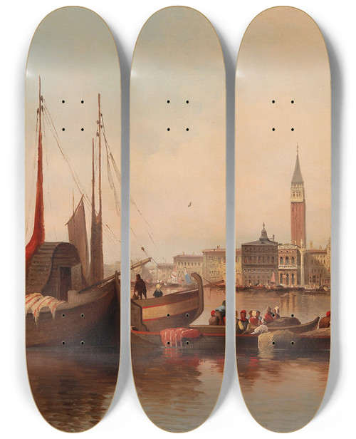 Triptych art skateboard deck of Karl Kaufmann Venetian Scene With View Of St Marks Square by Karl Kaufmann (1843-1905)