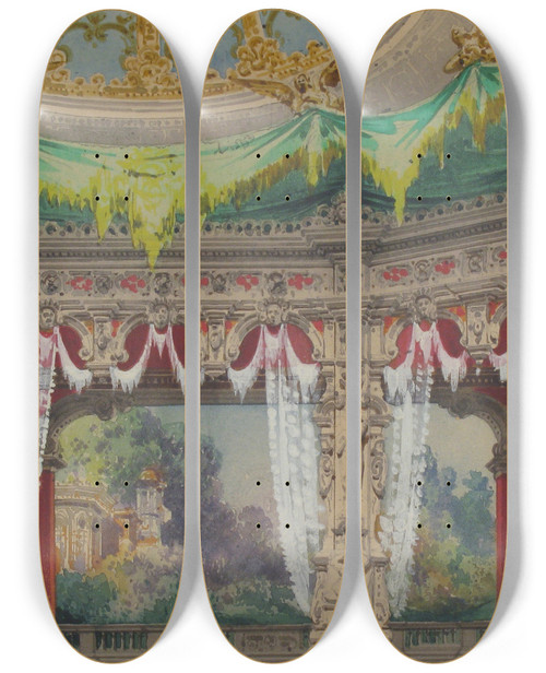 Triptych art skateboard deck of Carlo Ferrario Stage Set Design For A Ballet Don Parasol by Carlo Ferrario (1833-1907)