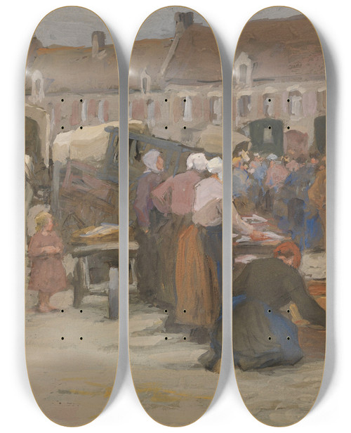 Triptych art skateboard deck of Edgard Farasyn Market In Etaples by Edgard Farasyn (1858-1938)