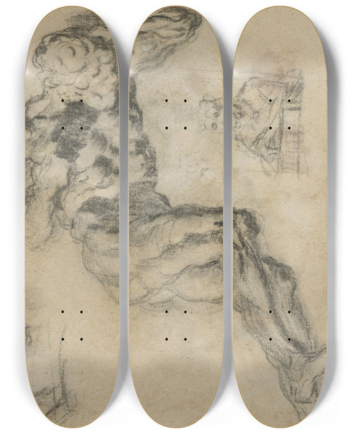 Triptych art skateboard deck of Jacopo Tintoretto Studies Of A Statuette Of Atlas by Jacopo Tintoretto (1518-1594)