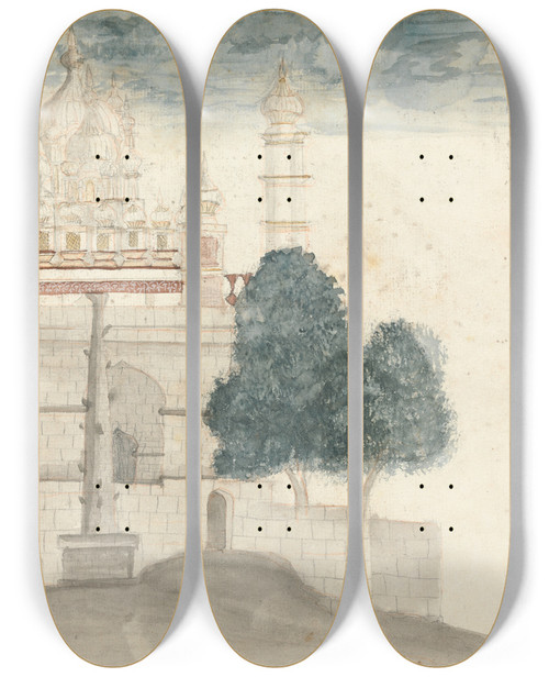 Triptych art skateboard deck of Gangaram Chintaman Tambat Front View Of Bhuleshwar Temple by Gangaram Chintaman Tambat