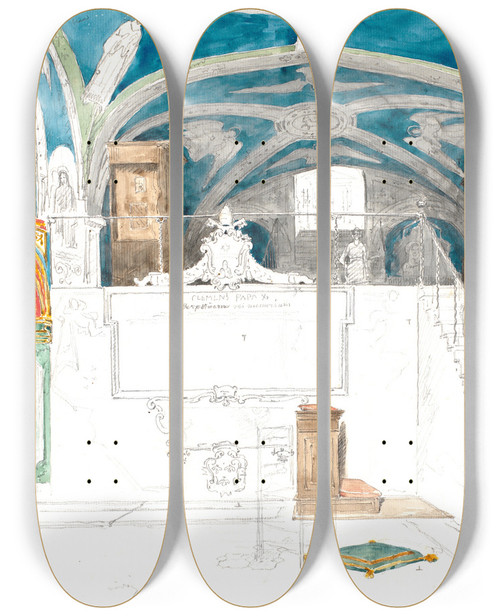 Triptych art skateboard deck of Martinus Rrbye Det Indre Af Klostret S Benedetto I Subiaco by Martinus Rorbye (1803-1848)