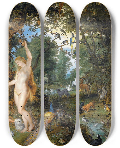 Triptych art skateboard deck of Peter Paul Rubens The Garden Of Eden With The Fall Of Man by Peter Paul Rubens (1577-1640)
