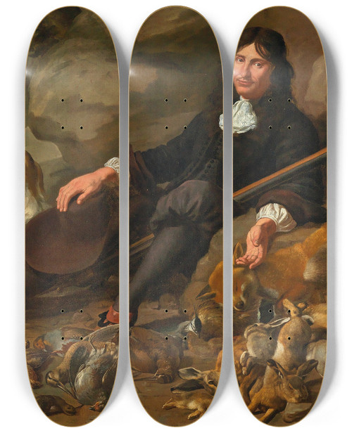 Triptych art skateboard deck of Nicolaas Stramot Ii An Elegant Huntsman With His Dog And Game Resting In A Rocky Landscape Oil On Canvas by Nicolaas Stramot Ii (1637-1709)
