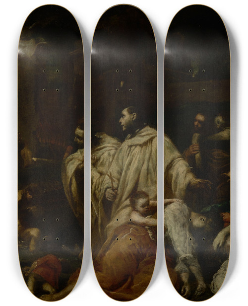 Triptych art skateboard deck of Giuseppe Maria Crespi Blessed Bernard Tolomei Interceding For The Cessation Of The Plague In Siena by Giuseppe Maria Crespi (1665-1747)
