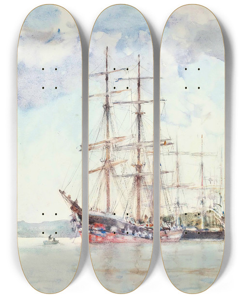 Triptych art skateboard deck of Henry Scott Tuke Windjammers At Anchor In Carrick Roads by Henry Scott Tuke (1858-1929)